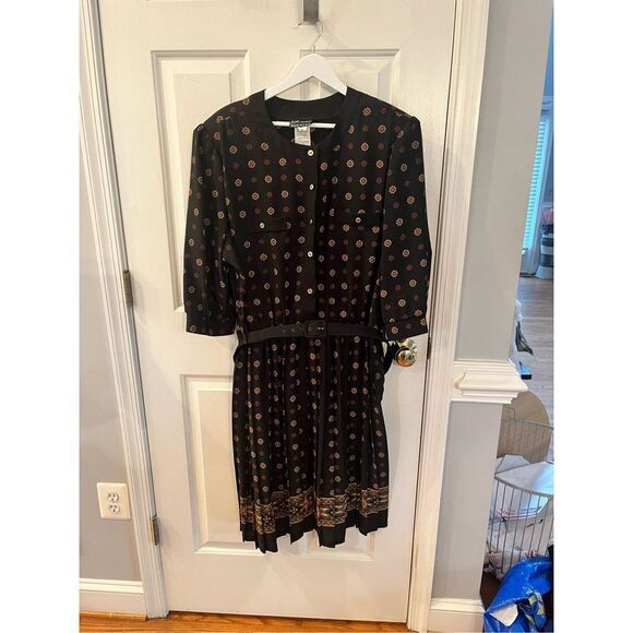 Vintage Breli Originals Black Print Button Down Pleated Belted Dress sz 24 EUC - Picture 1 of 10